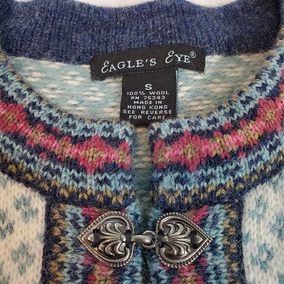 Eagles Eye Wool Sweater Size S Nordic Pewter Clasp Snowflake Fair Isle Blue - Picture 3 of 6